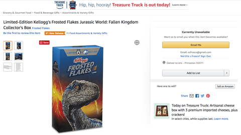 Amazon Kellogg's Frosted Flakes 'Jurassic World' Collector's Box Listing